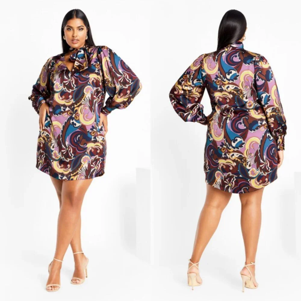 NWT City Chic Retro Long Sleeve Tie Neck Shirt Dress 20